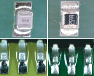 Figure 10. The two images on the left are 63/37 solder in air; while the two images on the right show joints done with SAC305 alloy in air